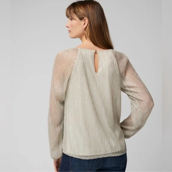 NWT White House Black Market Crinkle Top Ecru/Gold/Silver Balloon Long Sleeve L - Picture 4 of 11